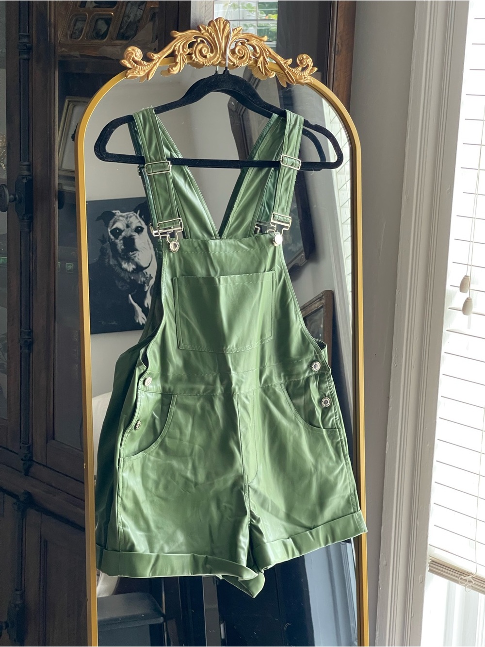 WEWOREWHAT NWT VEGAN GREEN LEATHER SHORT OVERALLS in BASIL